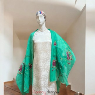 Grass green ramie scarf hand-painted with lotus 70*190cm